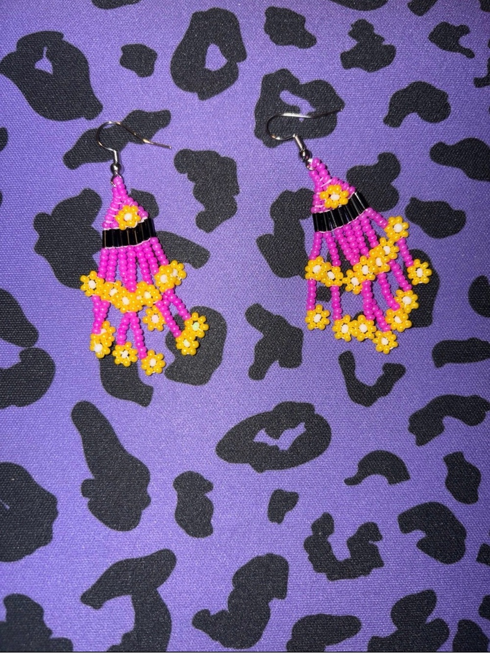 Vibrant Pink & Yellow Beaded Floral Drop Earrings